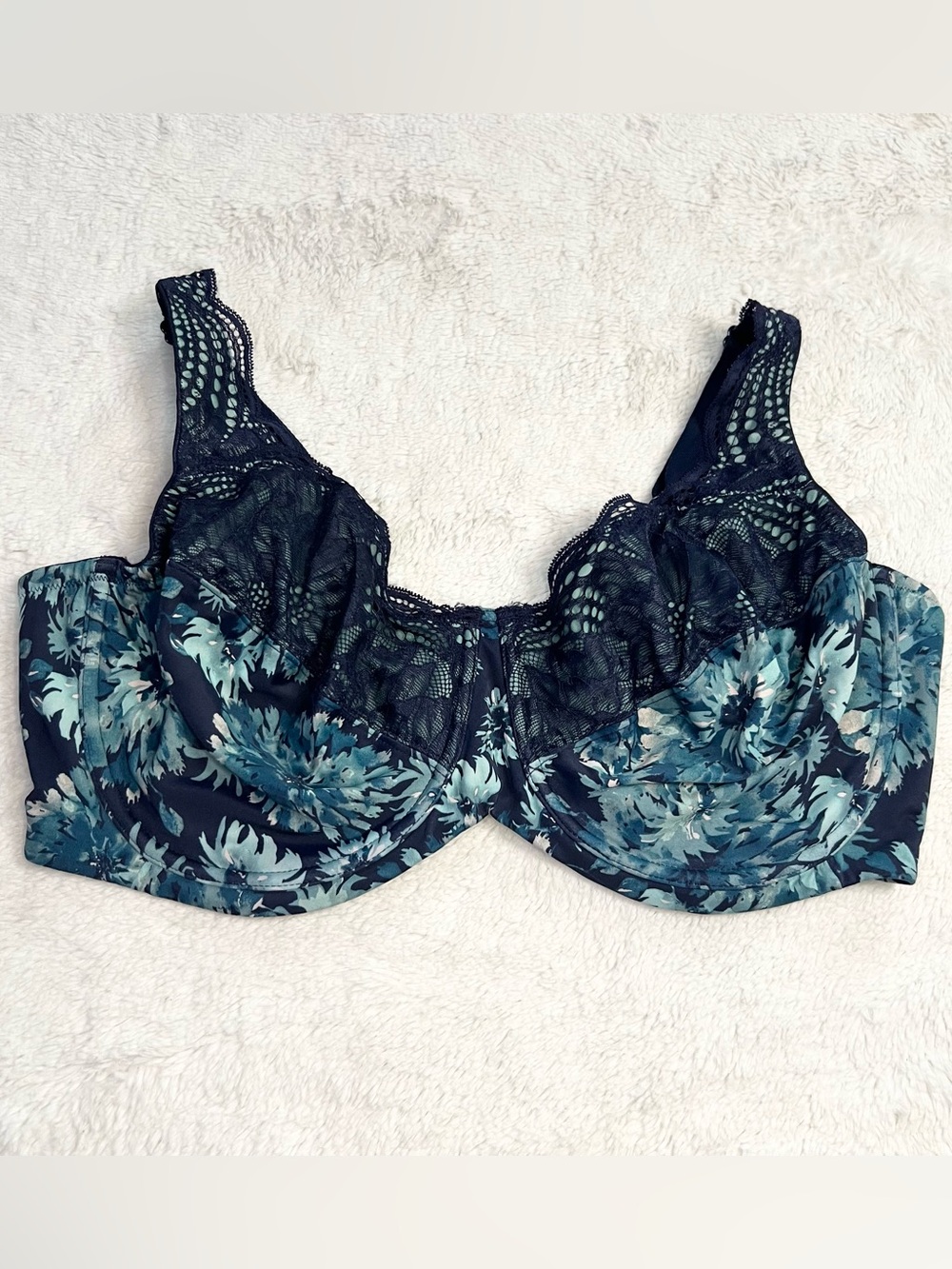 Modern Movement Teal Blue Floral Lace Trim Underwire Bra Size 40DDD